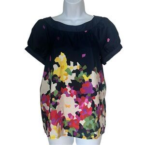 Theory Women’s Navy Blue 100% Silk Colorful Geometric Top Blouse Sz S